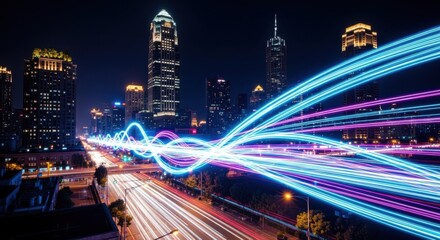 Obraz premium Futuristic light trails over city highway at night, digital data motion in smart city, neon blue and purple fiber optic speed lines across urban skyline