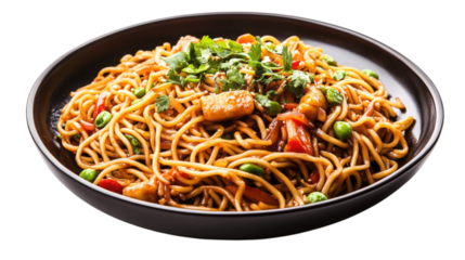 Delicious Noodles with Vegetables in a Black Bowl isolated on a Transparent or white Background