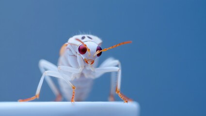 A close up of a white insect with orange antennae and red eyes on a blue background