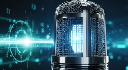 Futuristic glowing orb device with digital data display