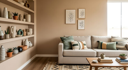 Cozy modern living room interior with stylish beige sofa decorative pillows wooden table and shelves with plants and artwork creating a warm and inviting atmosphere with natural light