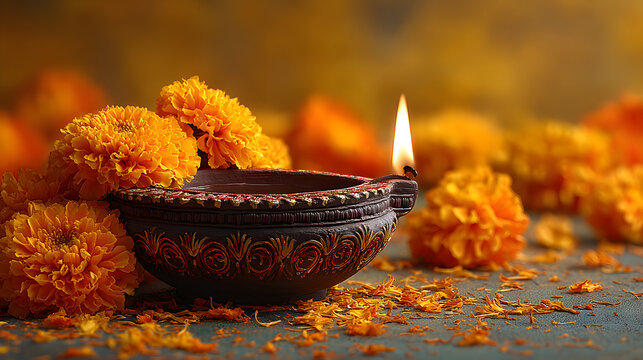 happy diwali traditional diya oil lamp with vibrant range marigold flowers decration festive yellow backround copy space hindu culure