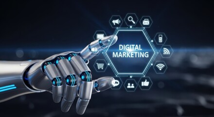 Robot hand interacting with digital marketing interface futuristic technology