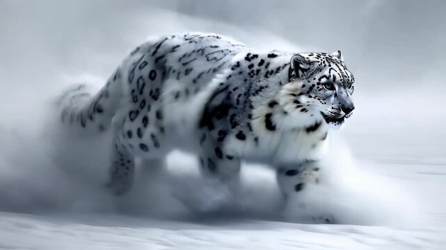A majestic snow leopard sprinting through a snowy landscape, showcasing its powerful agility