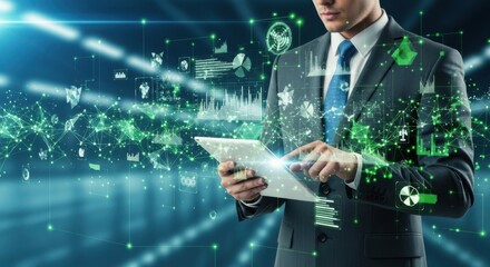 Businessman with digital overlay of cityscape and blurred audience motion graphics