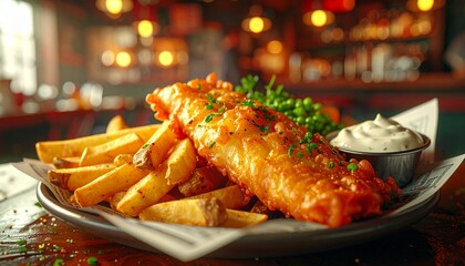 Enjoy classic British fish and chips with creamy tartar sauce in a cozy pub atmosphere for a delightful meal