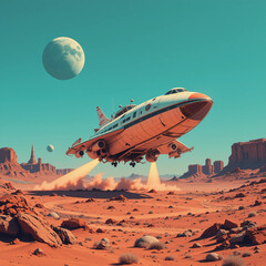 e: Retro Spaceship Landing on a Martian Landscape