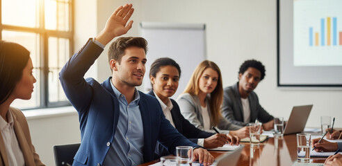 A young man raises his hand in a conference among peers demonstrating active engagement teamwork and a willingness to contribute to discussions.