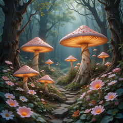 Enchanted Fantasy Forest with Glowing Mushrooms and Flowers