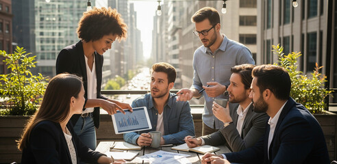 Young startup team discusses new project strategies in an urban setting