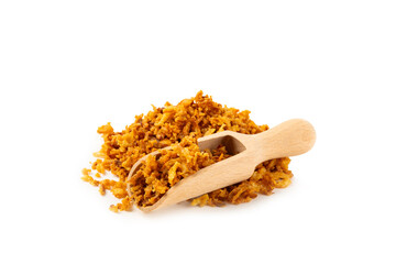 Crispy fried onion isolated on white background. Roasted Onions. Seasoning for dishes. Spices. Salad dressing. Space for text. Copy space