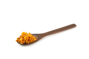 Crispy fried onion isolated on white background. Roasted Onions. Seasoning for dishes. Spices. Salad dressing. Space for text. Copy space