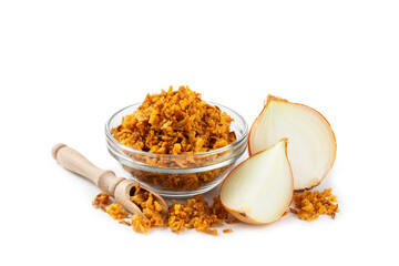 Crispy fried onion isolated on white background. Roasted Onions. Seasoning for dishes. Spices. Salad dressing. Space for text. Copy space