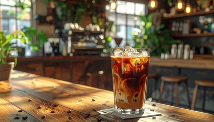 Refreshing iced coffee with cream swirls on a sunlit cafe counter