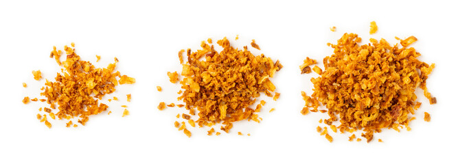 Crispy fried onion isolated on white background. Roasted Onions. Seasoning for dishes. Spices....