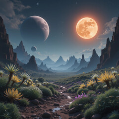 Fantasy Mountain Landscape with a Large Red Moon and Alien Sky