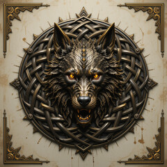  Intricate Celtic Knotwork Wolf Head with Gold Accents