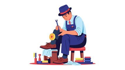 The Shoe Master's Craft: Capturing the quiet dedication and intricate craftsmanship of a shoemaker meticulously repairing a fine leather shoe, surrounded by the tools of his trade.