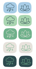 Mentale Gesundheit &ndash; Icon-Paar Stress &harr; Entspannung (Wolke & Lotus), Farbvarianten &ndash; Minimal Flat Line Vector