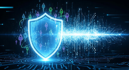 Futuristic glowing digital shield representing advanced cybersecurity data protection encryption and secure network defense technology against cyber threats and hacking in a virtual environment