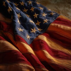 Close up of a draped american flag with visible stars and stripes