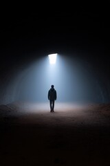 Solitary male silhouette walking in dark tunnel towards light