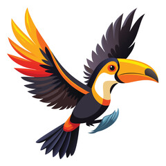 Stylized toucan bird with vibrant orange and yellow wings in flight flying