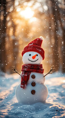 Obraz premium snowman in forest during new year holidays, joyful winter scene with snow-covered trees and festive outdoor atmosphere