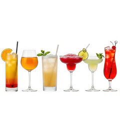 Colorful assortment of six refreshing cocktails ready to enjoy for any occasion transparent background
