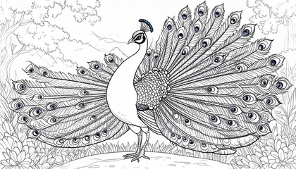 Magnificent peacock proudly displays vibrant tail feathers in lush natural setting © abin