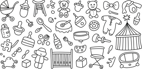 Cute Baby and Toddler Toy Icons Collection with Crib and Stroller Keywords: baby, toy, stroller, crib, teddy bear, rattle