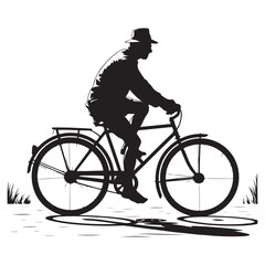 Obraz premium Silhouette of a person wearing a hat riding an old fashioned bicycle on a sunny day with shadows cast on the ground