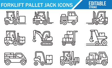 Editable stroke warehouse truck and cargo handling icon set