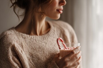 Woman Holding A Glass Of Festive Hot Cocoa Topped With A Candy Cane In A Cozy Home Setting, Concept Of Holiday Cheer And Warm Beverage Promotion