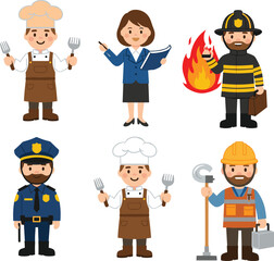 Cartoon professions characters including chef, teacher, firefighter, police officer, engineer in flat style, ideal for education, jobs, and career themes.