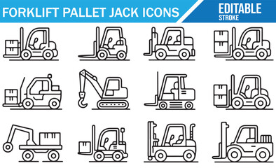 Editable stroke forklift and pallet jack outline icons collection