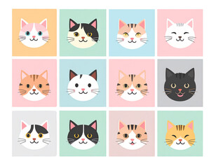  Abstract Square Cat Faces with Playful Emotions