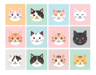  Abstract Square Cat Faces with Playful Emotions