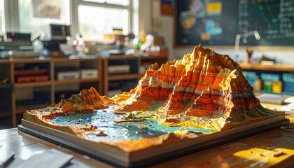 Detailed topographic model of mountains and water features in a classroom setting