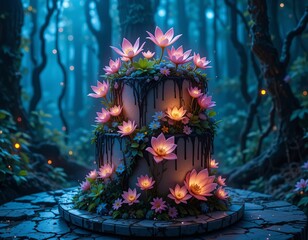 Enchanting tiered cake adorned with glowing lotus flowers in a mystical forest setting