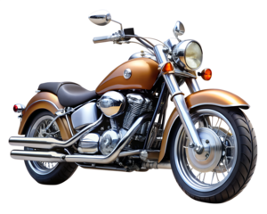 A shiny, custom cruiser motorcycle with chrome accents, isolated on a transparent background