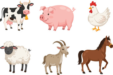 Obraz premium Cute cartoon farm animals including cow, pig, chicken, sheep, goat, and horse isolated on white background, colorful farm illustrations