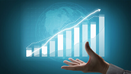 A dynamic concept depicting business growth through a hand gesture, showcasing upward trends in data visualization set against a global backdrop. Impute