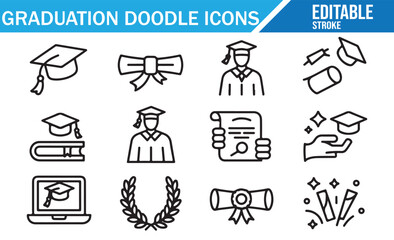 Vector doodle line icons of degrees, awards, and academic success
