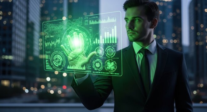 Businessman interacting with futuristic digital holographic data interface cityscape