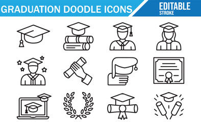 Editable stroke doodle icons set of graduation elements including cap, diploma, student, certificate, books, ceremony, award, online learning, and celebration symbols isolated on white background