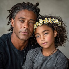 A father and daughter portrait with flower crown and dreadlocks hair