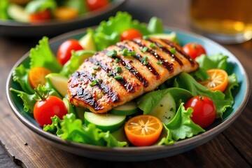 Grilled vegetables and chicken atop a bed of mixed greens, creating a vibrant and healthy BBQ salad Perfect for summer cookouts or light meals , wholesome, vibrant colors