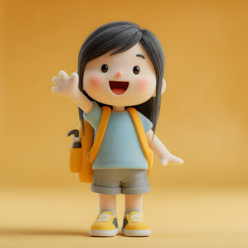 Cute smiling kawaii positive excited funny asian bruette girl in casual fashio clothes blue t-shirt, gra shorts, yellow sneakers wth backpack stands waving er hand. 3d render in pastl colors.