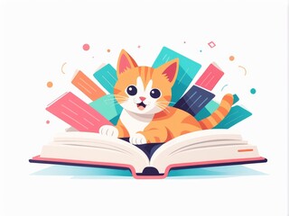 An animated orange cat joyfully reading a book with colorful books around it